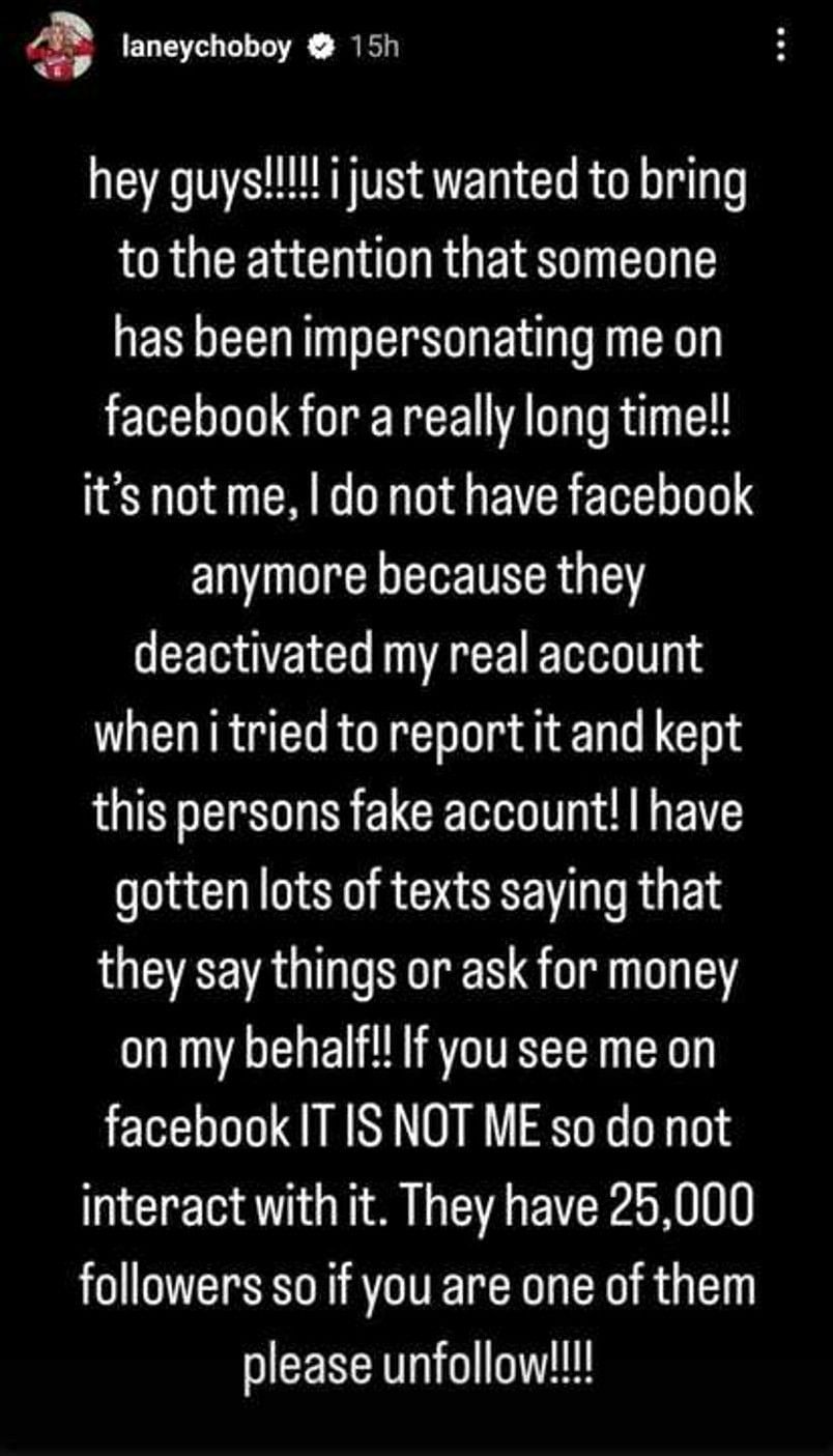 Screenshot of Laney Choboy's Instagram story (@laneychoboy/ig)